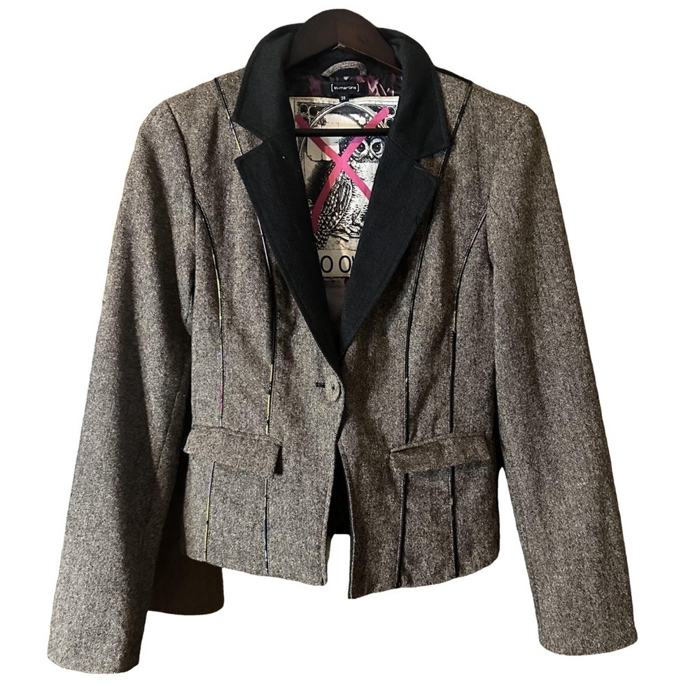 St-Martins Womens Brown Tweed ‘No Owls!’ One-Button Lined Blazer Embroidery Sz S